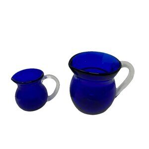 2 Cobalt Blue Pilgrim Art Glass Creamer Pitcher Clear Applied Handle 12oz & 2oz